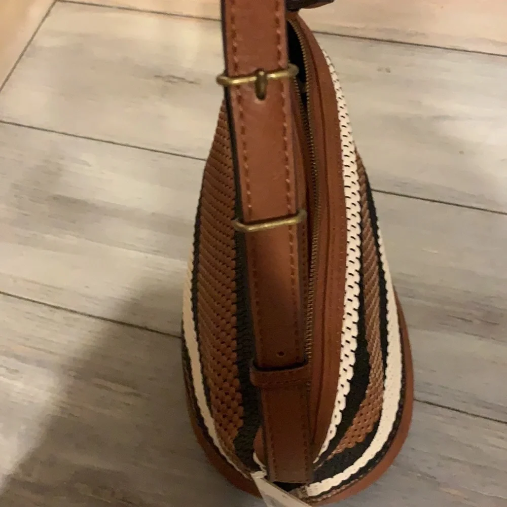The Sak Brown Black White Striped Woven Hobo Bag
